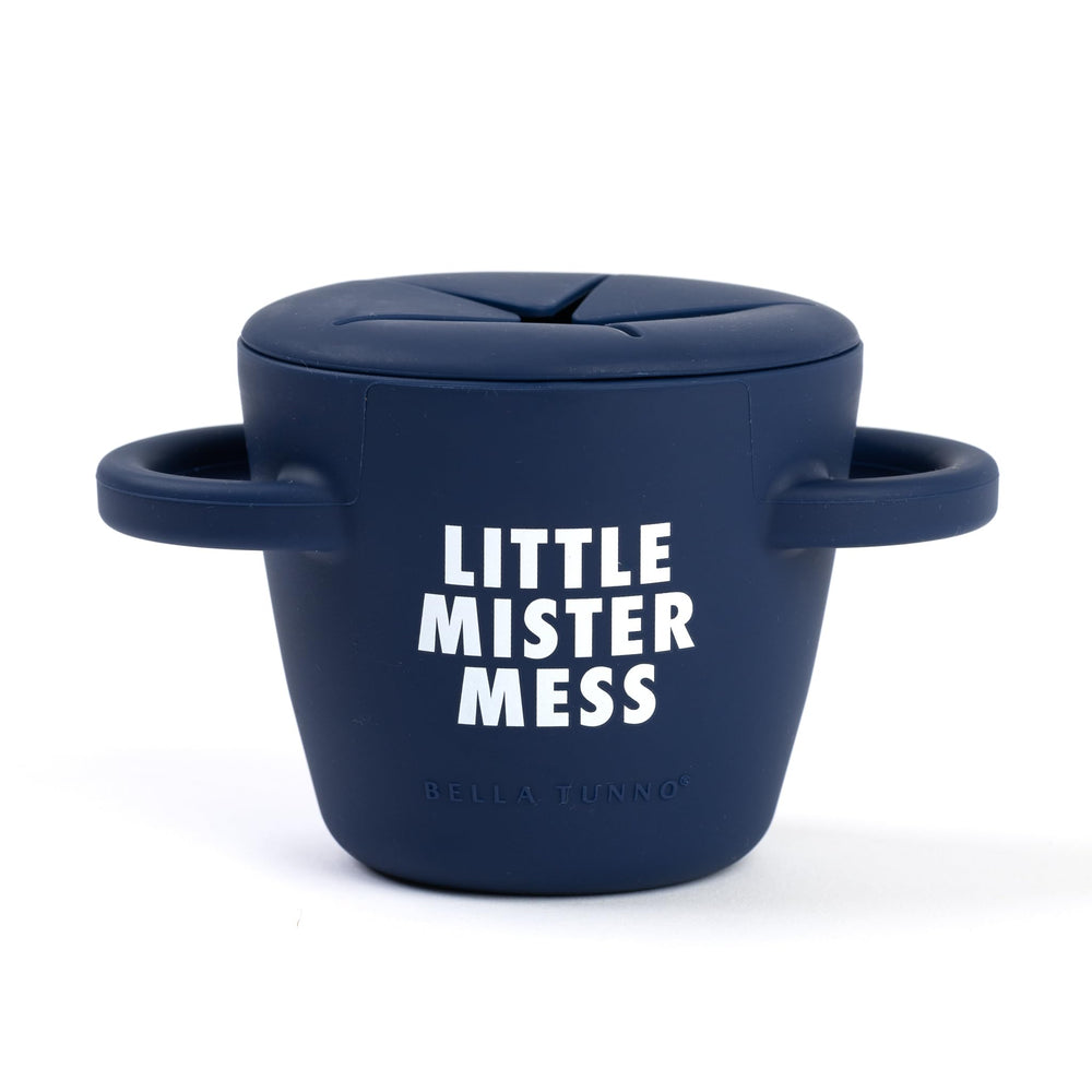 Bella Tunno Little Mister Mess snack cup with lid for spill-free snacking