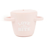 Bella Tunno snack cup with toddler lid closed for mess-free dining on the go