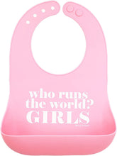 Bella Tunno Who Runs The World bib in waterproof silicone with deep pocket for mess-free meals