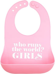 Bella Tunno Who Runs The World bib in waterproof silicone with deep pocket for mess-free meals