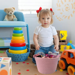 Bellar small rope basket pink on shelf keeps cosmetics organized.