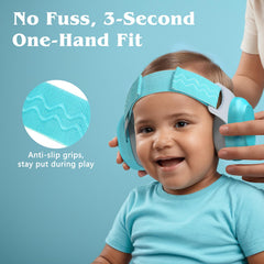 Bella's Friends blue baby ear protection, anti-slip fit keeps muffs secure during play.