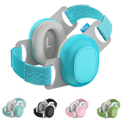 Bella's Friends blue baby ear protection, front view, reduces noise for quieter travel.