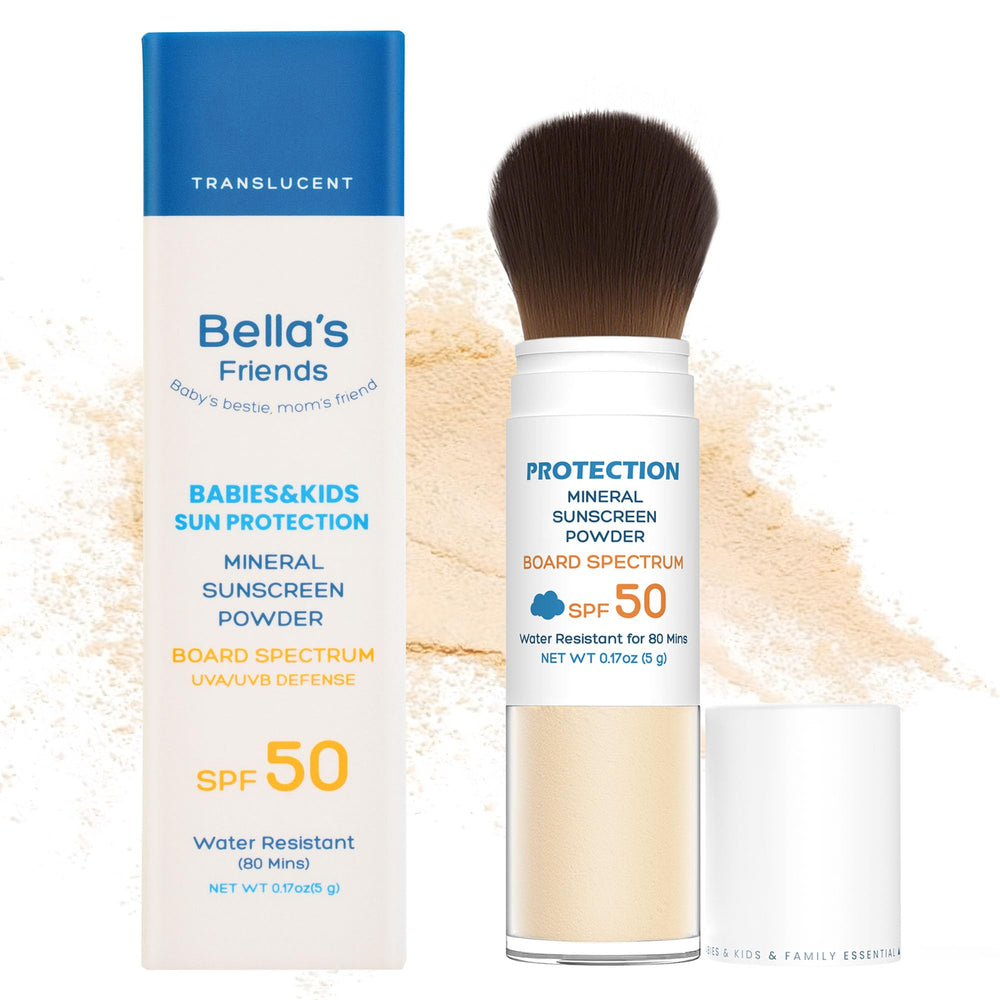 Bella's Friends SPF50 brush-on powder for easy, mess-free sun protection.