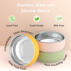 Bella's Friends durable stainless steel bowl withstands drops for busy families.