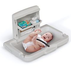 BELZAR wall-mounted baby changing station, front view, easy caregiver access.