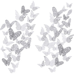 Bememo 72-piece 3D butterfly wall decals in silver add a shimmering wall accent.