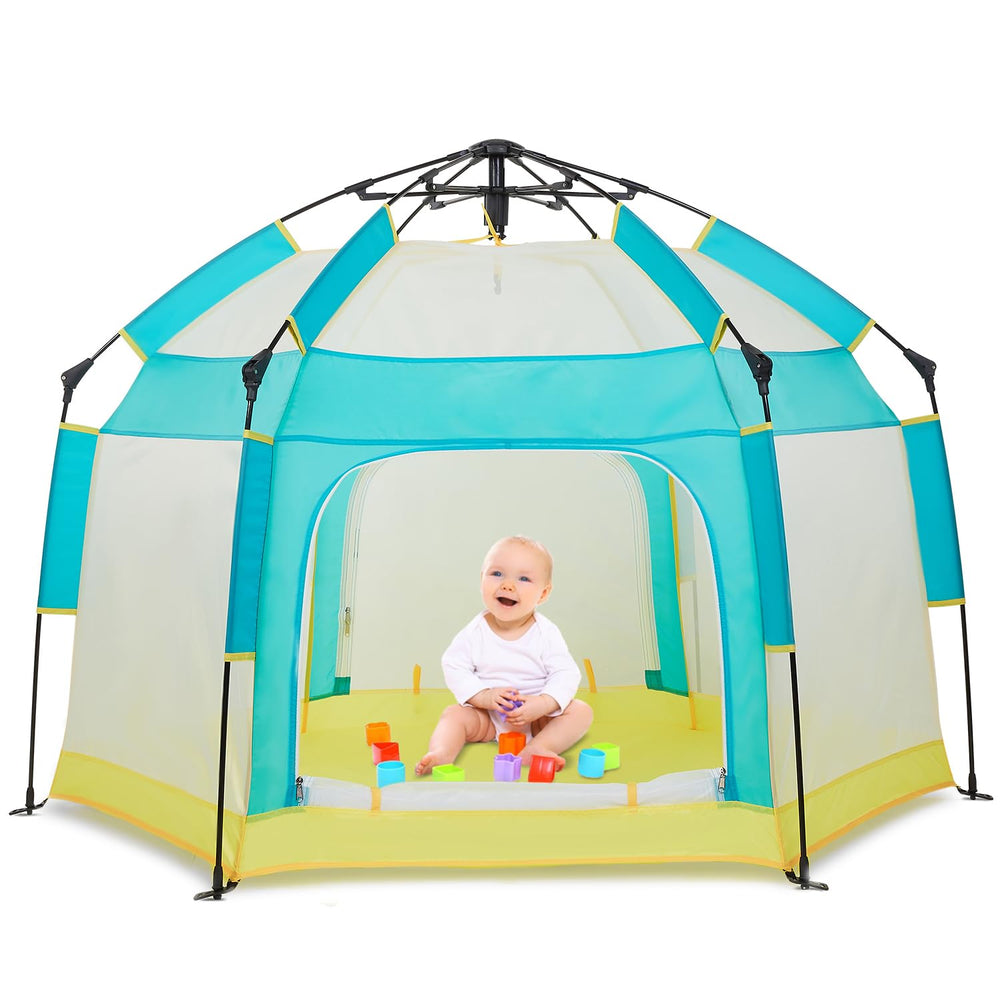 Bend River baby playpen with canopy provides sun protection outdoors.