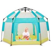 Bend River baby playpen with canopy provides sun protection outdoors.