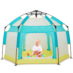 Bend River baby playpen with canopy provides sun protection outdoors.