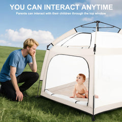 Bend River playpen top window view for easy interaction with child