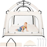 Bend River portable baby playpen with canopy set up for indoor and outdoor use