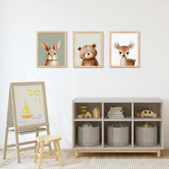 Benlarky wood framed trio wall art enhances playroom with cohesive woodland theme