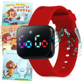 Benny Bradley's Potty Watch V4 displays Wheels on the Bus reminder to help kids remember bathroom breaks.