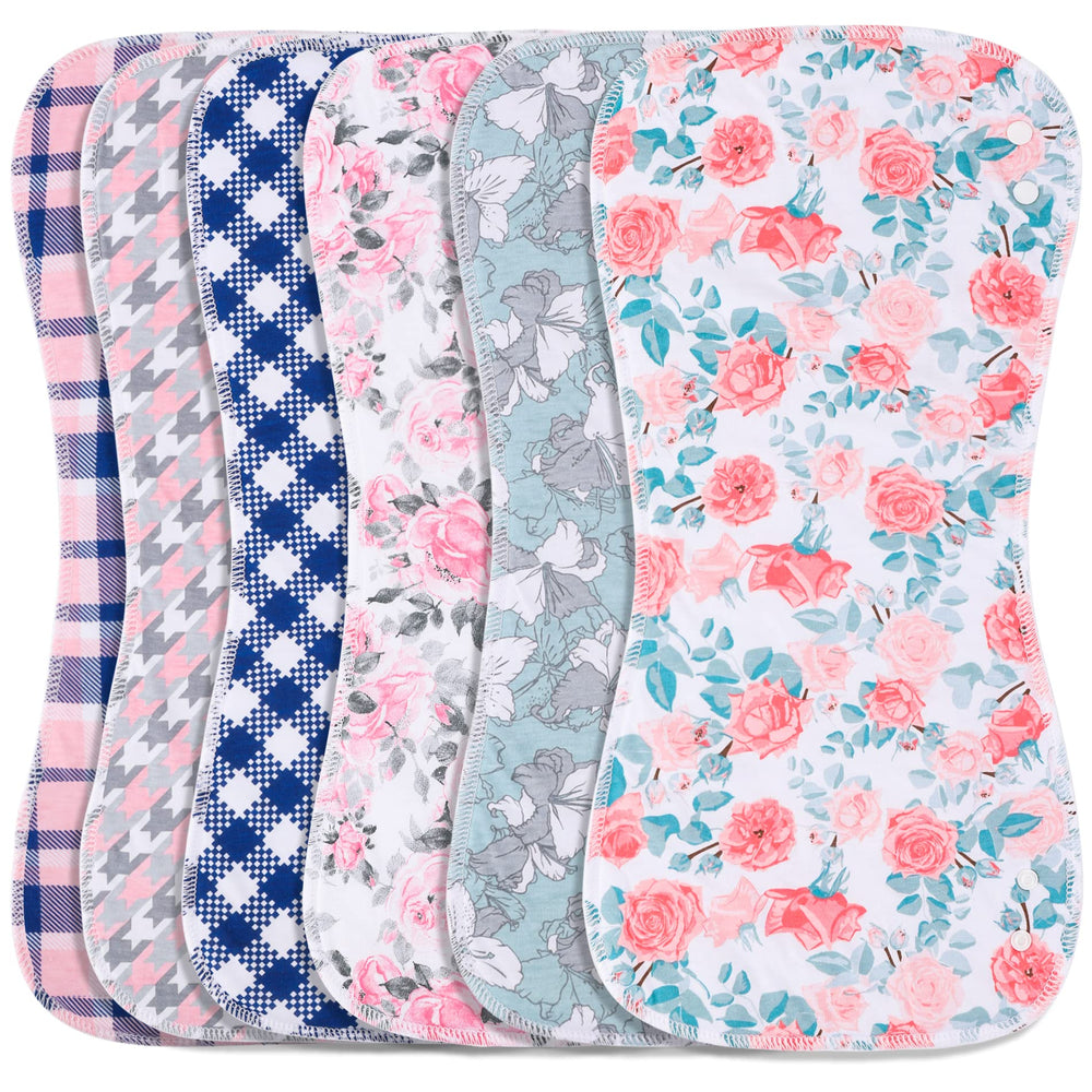Benoxine burp cloth and bib set laid flat, six-pack packaging for busy parents