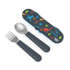 Bentgo Kids utensils in a dinosaur case show durable stainless steel for school lunches.