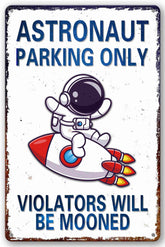 Bestylez astronaut parking sign 8x12 inches, durable aluminum for indoor or outdoor space-themed rooms.