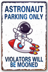 Bestylez astronaut parking sign 8x12 inches, durable aluminum for indoor or outdoor space-themed rooms.