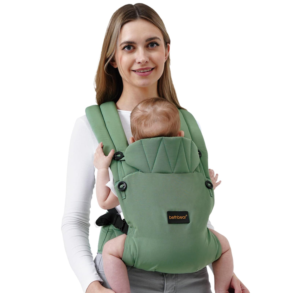 BethBear baby carrier with breathable linen fabric for all-day comfort.