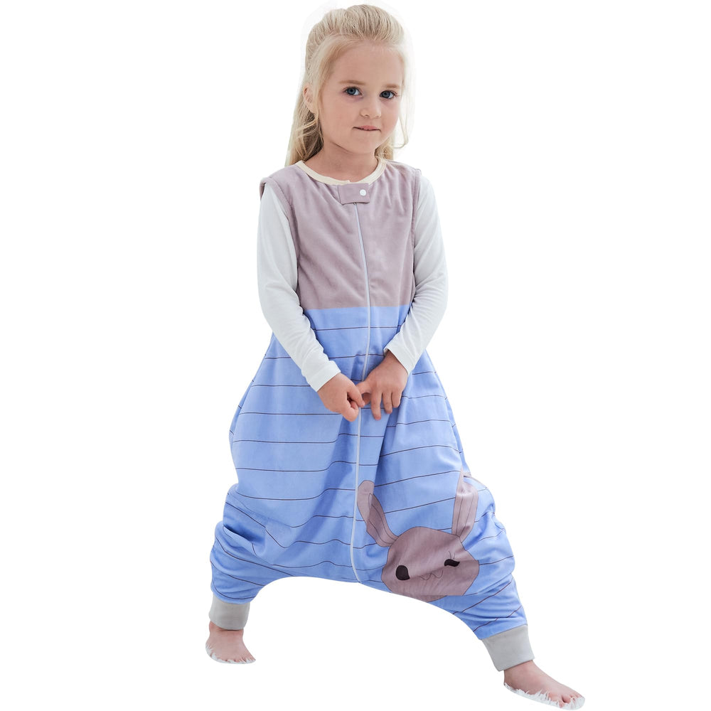 BetterFUN sleeping sack with feet in striped rabbit pattern; two-way zipper for quick changes.