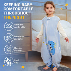 BETTERFUN sleeping sack with legs in blue dinosaur design for cozy indoor wear.