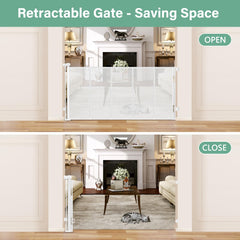Indoor and outdoor use with BETERTEK retractable gate in doorway.