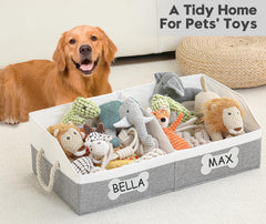 Beveetio dog toy basket side view highlighting trapezoid design that keeps items secure.