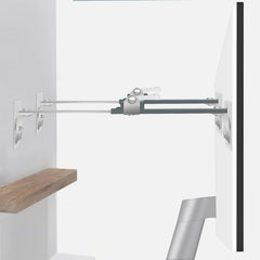 Bezant metal TV safety straps on the back of a TV for secure wall anchoring.