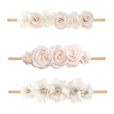 BFNAAgirl floral headbands three pack with nylon bands and rhinestones for gentle wear.