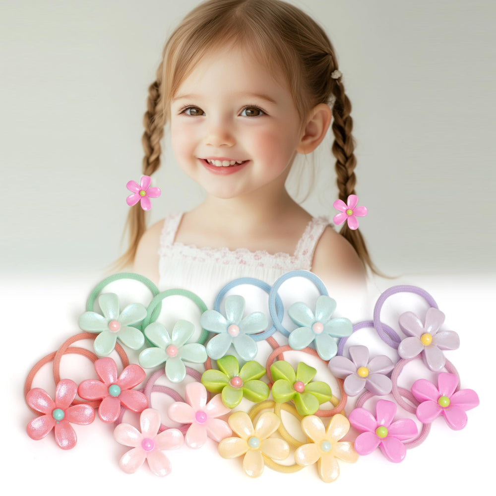 BIANHUAN flower hair ties, 16-pack, secure toddler ponytails with colorful blooms.