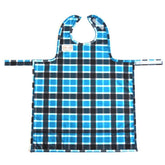 BIB-ON full-coverage bib and apron in blue plaid protects clothing during meals.