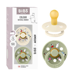 BIBS Colour Moomins Ivory pacifier two-pack for soothing newborns.