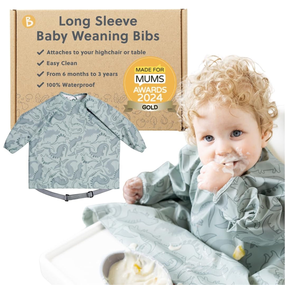 Bibado Coverall Bib on highchair during mealtime keeps clothes clean and quick to wipe, saving time.