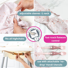 Bibado coverall bib draped over a table for versatile mealtime setup.