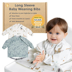 Bibado coverall weaning bib on a highchair tray for mess-free meals.