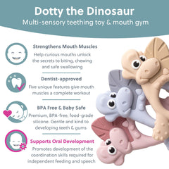 Bibado Dotty the Dinosaur Mist teether supports self-feeding practice for little hands.