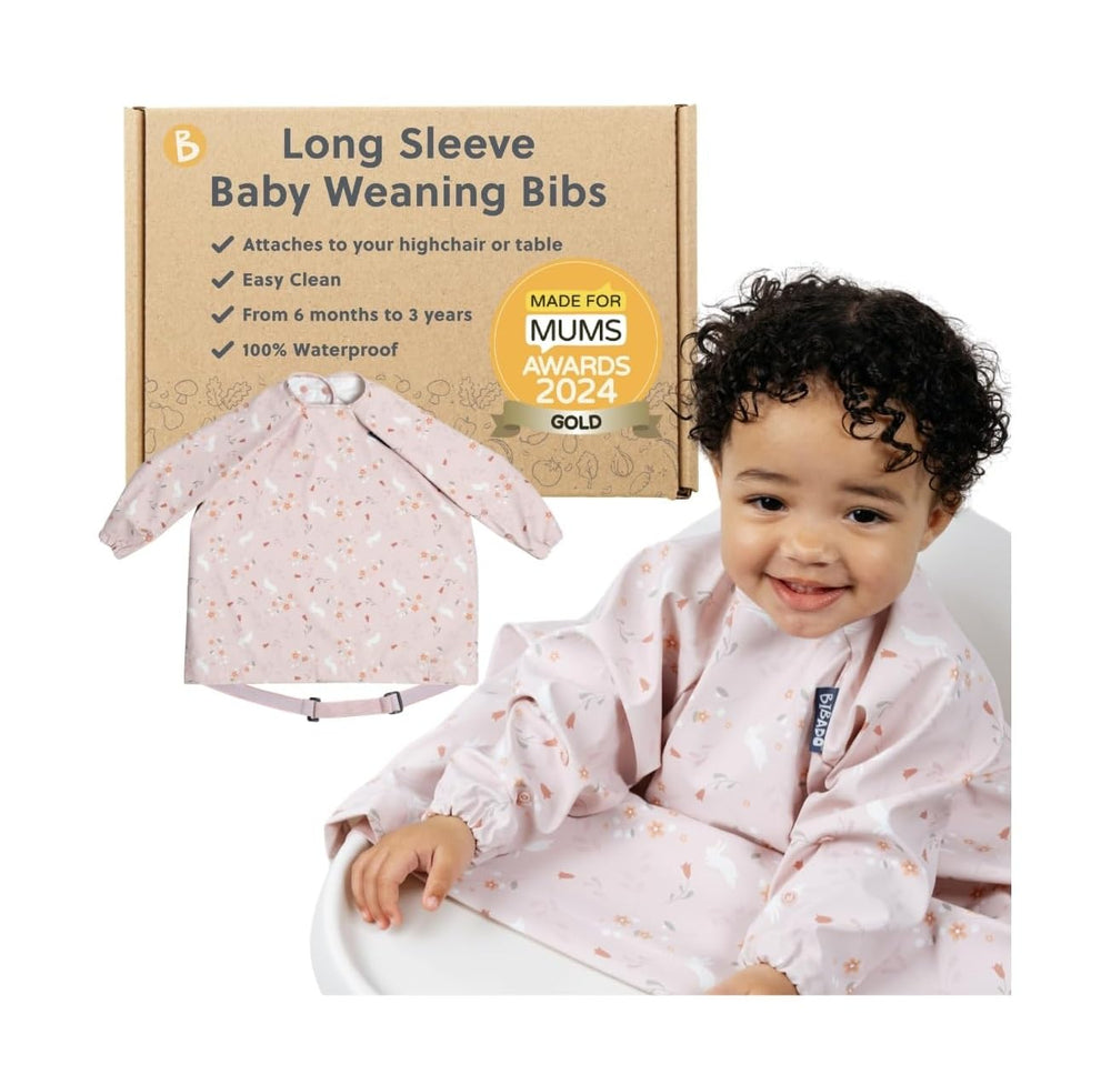 Bibado long-sleeve coverall bib on a highchair keeps clothes clean.