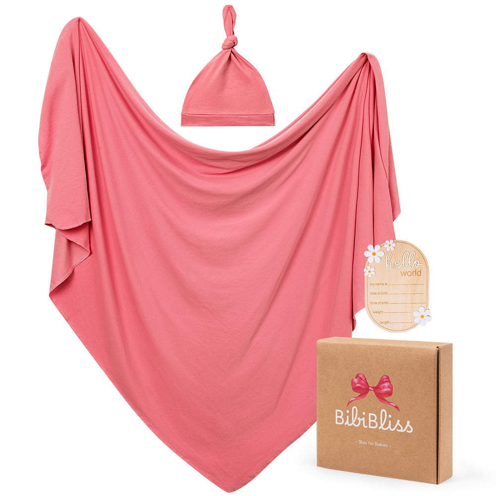 Bibibblissbaby stretchy swaddle blanket in Apple Blossom shown for newborn snug wrap