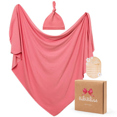 Bibibblissbaby stretchy swaddle blanket in Apple Blossom shown for newborn snug wrap
