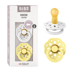 BIBS Boheme 2-pack pacifiers in White and Sunshine for gentle soothing.