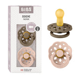 BIBS Boheme pacifier in dark oak and blush 2-pack for gentle soothing.