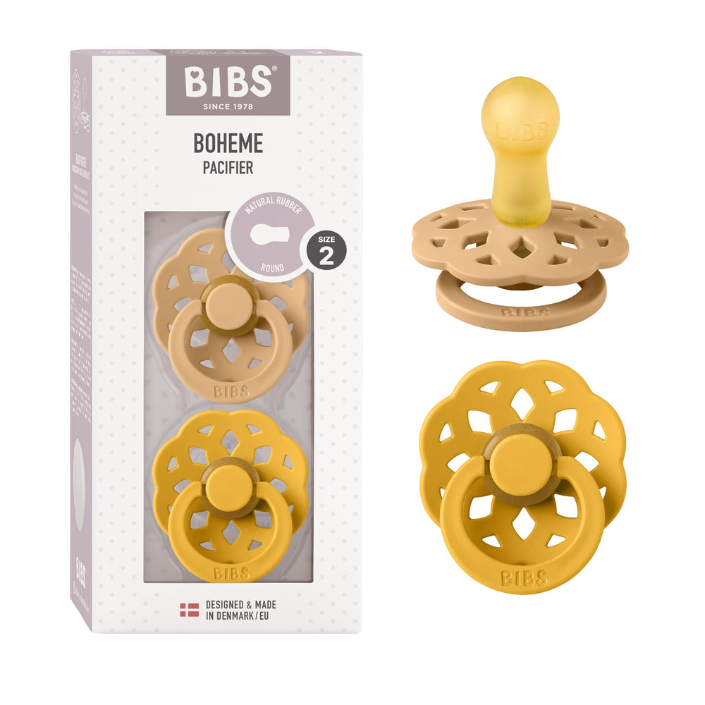 BIBS Boheme pacifiers Desert Sand Honey Bee packaging, elegant and timeless