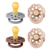 BIBS Boheme 4-pack pacifiers in soft colors for gentle soothing.