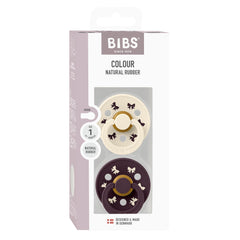BIBS round nipple pacifier features a classic design for calming baby.
