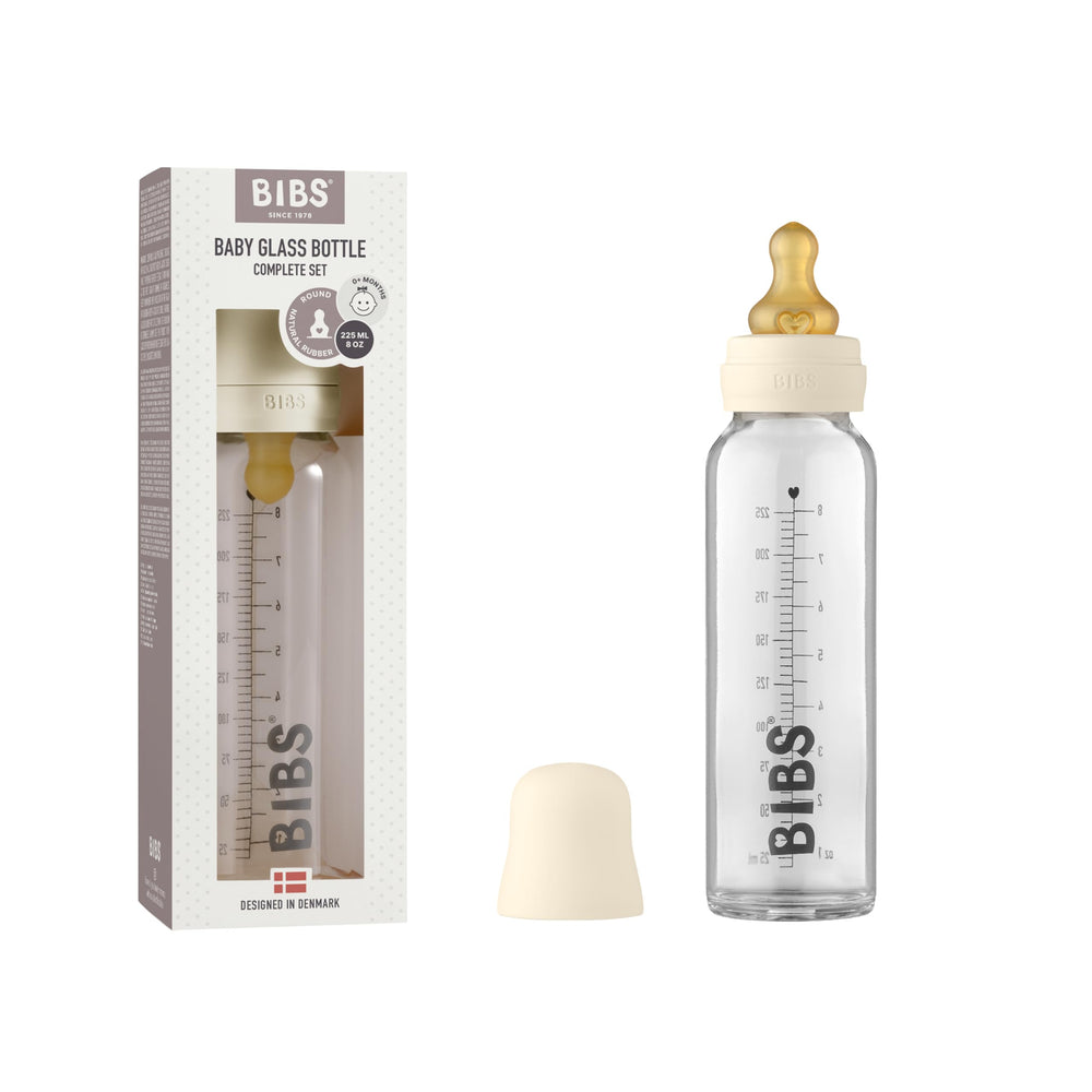 BIBS glass bottle 225ml ivory close-up, durable feeding for infants.