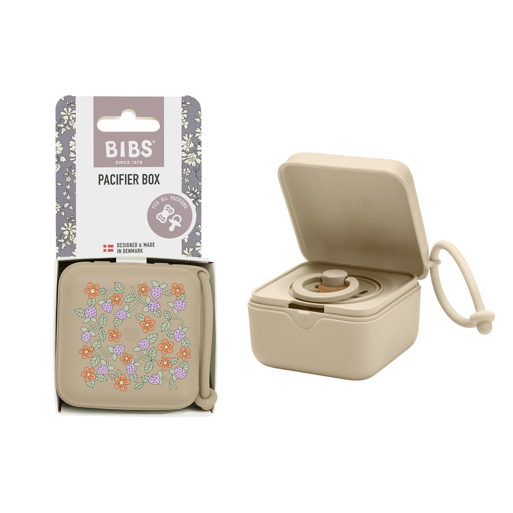 BIBS Liberty pacifier box with strap keeps pacifier handy on the go.