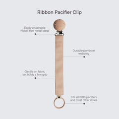 BIBS pacifier clip ribbon blush metal clip closeup highlights nickel-free safety for daily use