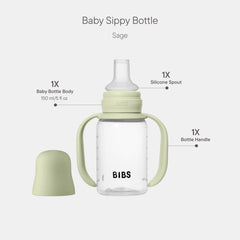 BIBS Sippy Bottle Sage 150 ml leak-proof cap keeps outings clean.