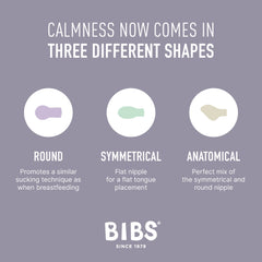 BIBS symmetrical nipple pacifier with balanced design for comfort.