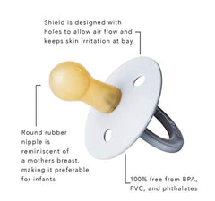BIBS pacifiers steel blue close-up, durable latex for gentle soothing.